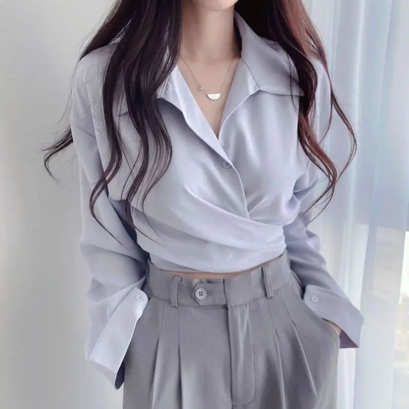 Spring Autumn Women's New Chiffon Shirt Back Strap Bow Waist Unique Unique Short Fashion Commuter Tops