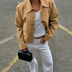 Trendix Suede Jacket For Women's Autumn Winter Street Vintage Casual Pockets Coat Solid Lapel Long Sleeve Fashion Short Jackets