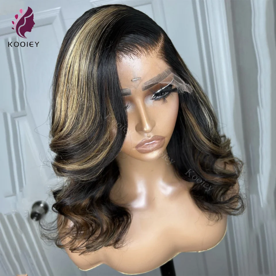 

Ombre Short Bob Wavy Human Hair Lace Front Wigs HD Invisible 13x6 Lace Frontal Wig for Women Brown Blonde Highlight Silk Top Wig