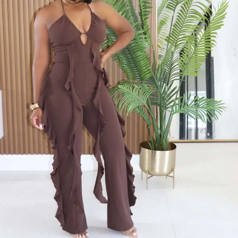 Sexy Halter V-neck Bodycon Rompers and Jumpsuits for Woman Clothing Party Club Wear Sleeveless Ruffles One Piece Outfits Holiday