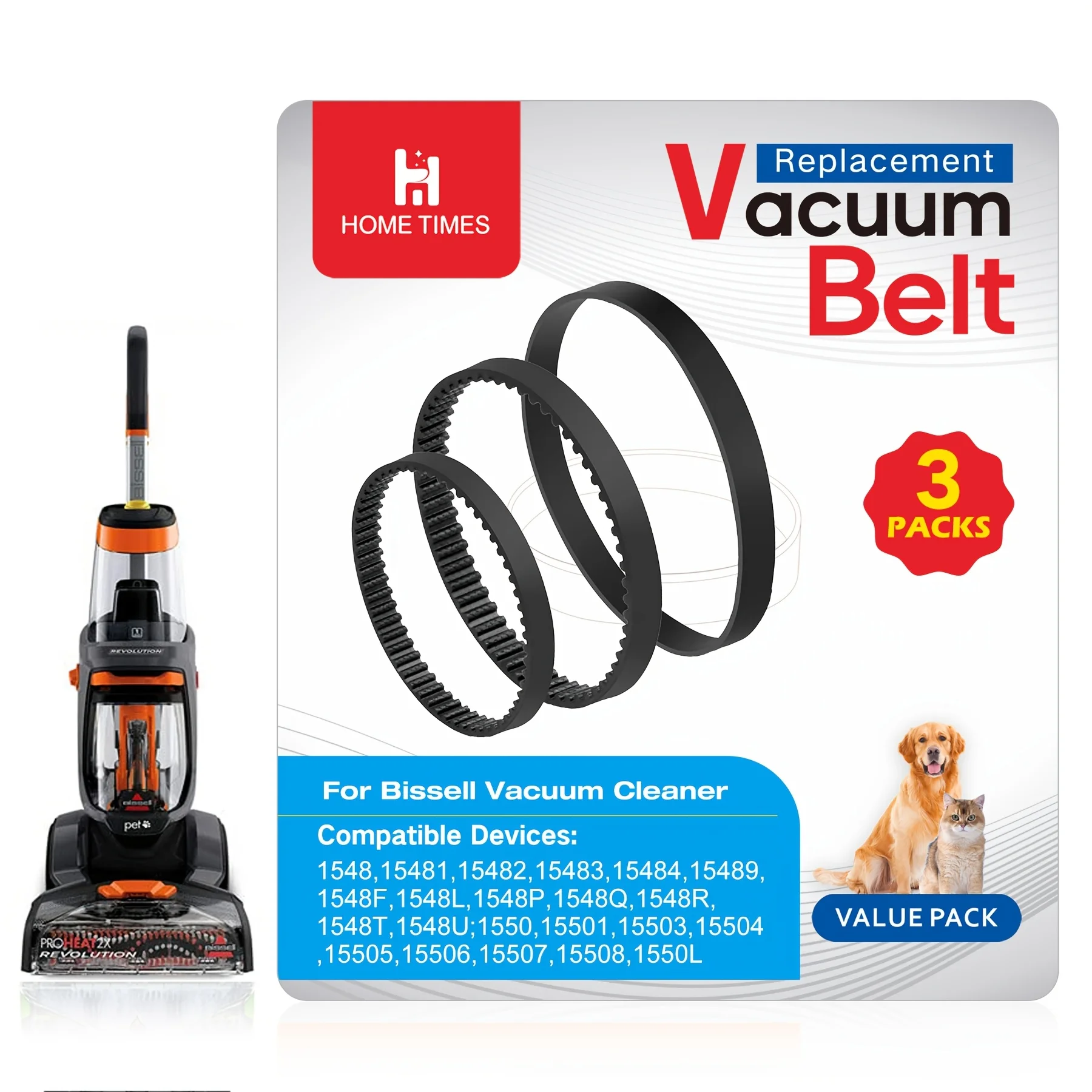 Replacement Belt Set for Bissell ProHeat 2X Revolution Pet Carpet Cleaner Models 1548,1551,1551W,1550 Series