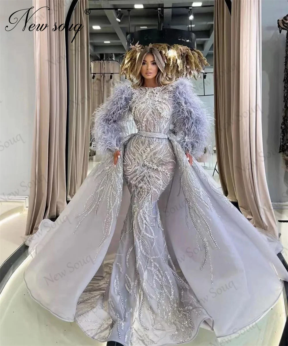 Gorgeous Feathers Long Sleeves Evening Dresses Arabic Dubai Mermaid Prom Dress Detachable Skirt Robes Birthday Beaded Party Gown