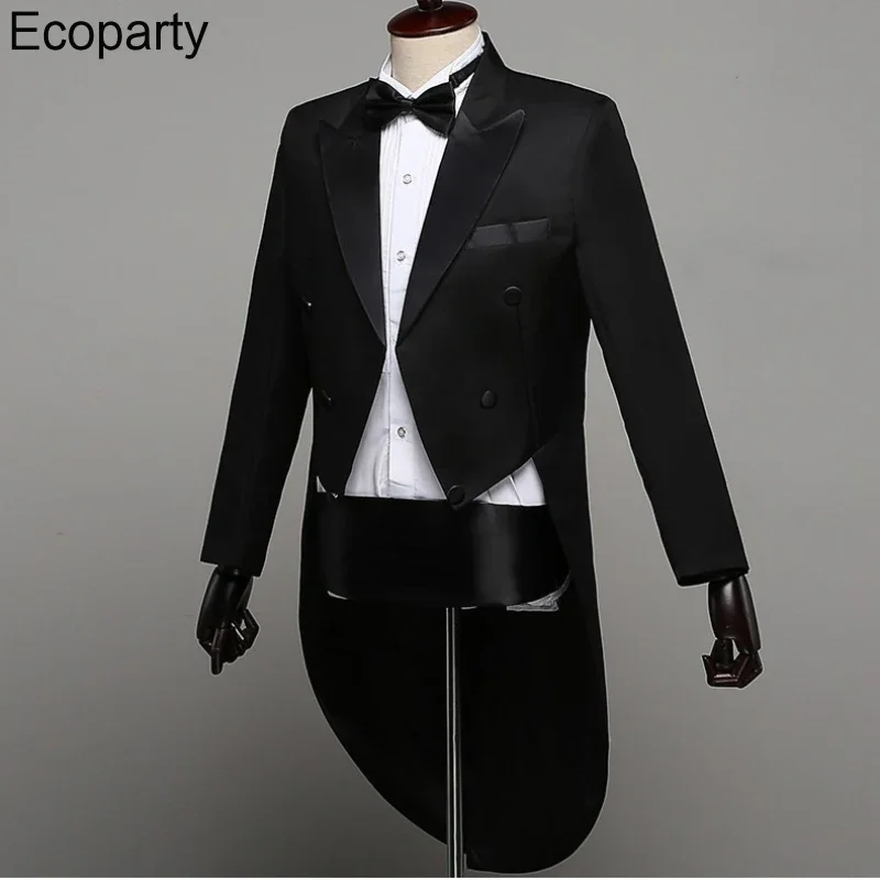 New 2-Piece Tailcoat Suits Men Classic Black Shiny Lapel Tail Tuxedo Coat Pants Bow Set Wedding Groom Dress Up Singer Outfits