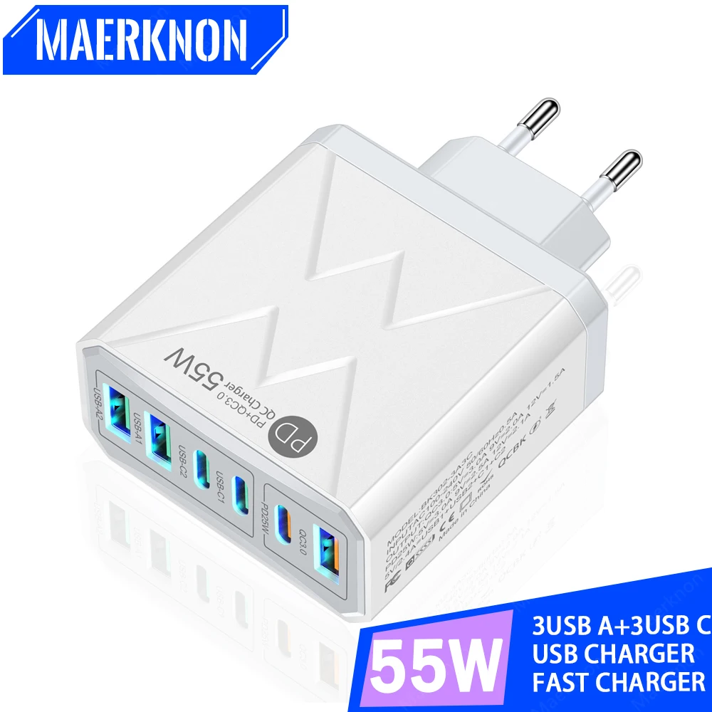 

55W 6 Ports USB Charger Quick Charge 3.0 PD Type C Wall Charger For iPhone Xiaomi Samsung Huawei Multi Plug Phone Charge Adapter