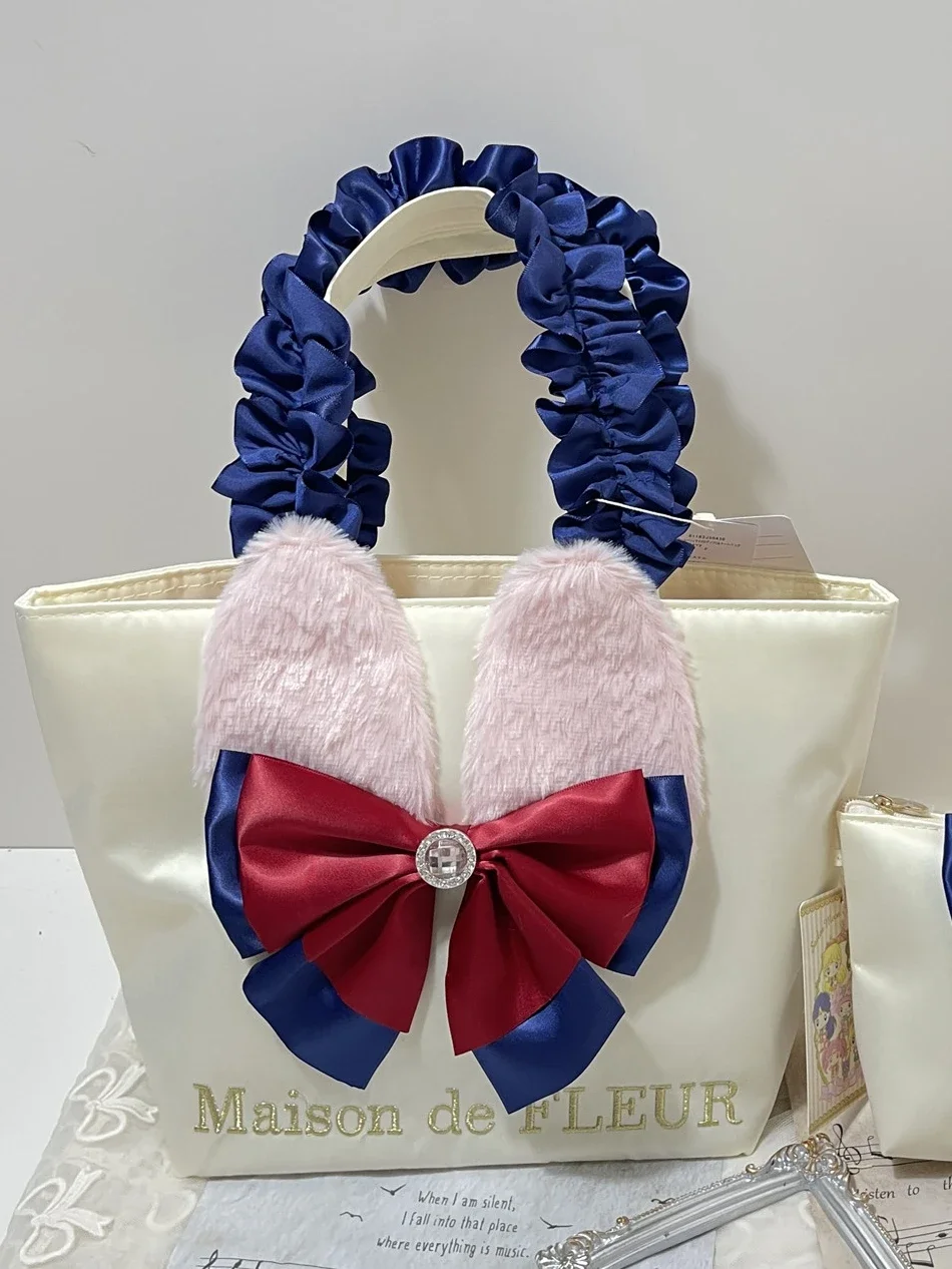 Japanese Hand Hold Makeup Cosmetic Bag Rhinestone Bowknot Pleated Women's Handbag Fashion Tote Bags