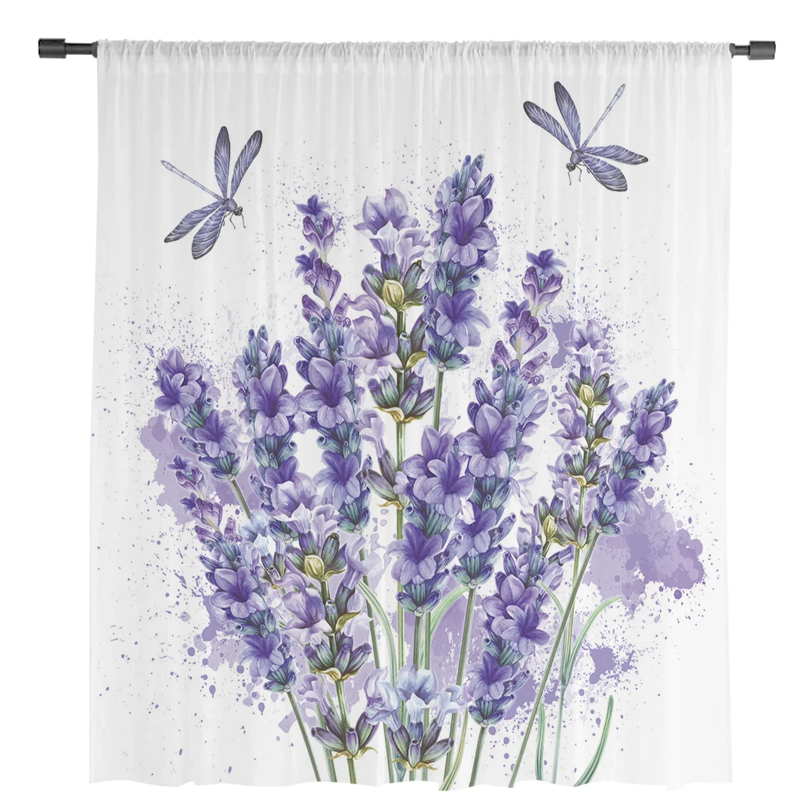 Purple Flower Lavender Dragonfly White Sheer Curtains for Living Room Decoration Window Curtain Kitchen Tulle Voile Drapes