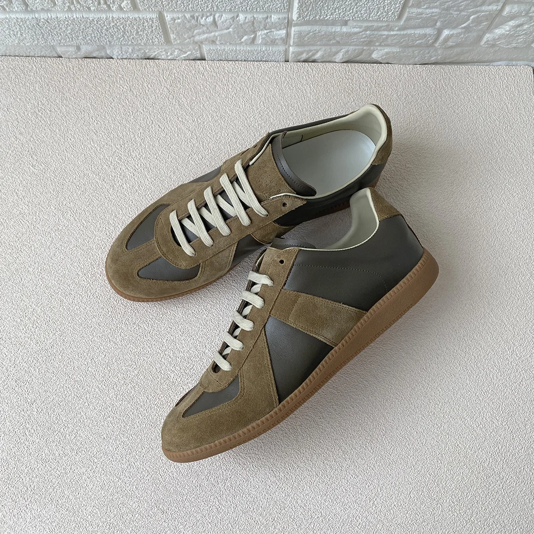 DONNAIN Olive Brown Couple Trainers Plus Size 46 Luxury Genuine Leather Lace Up Minimalist Sneakers Comfort Rubber Sole Handmade