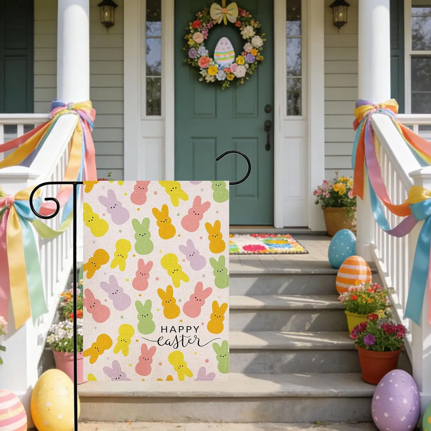 Happy Easter Bunny Garden Flag 12.5x18 Inch Double Sided Outside, Polka Dot Yard Outdoor Decoration ZZM