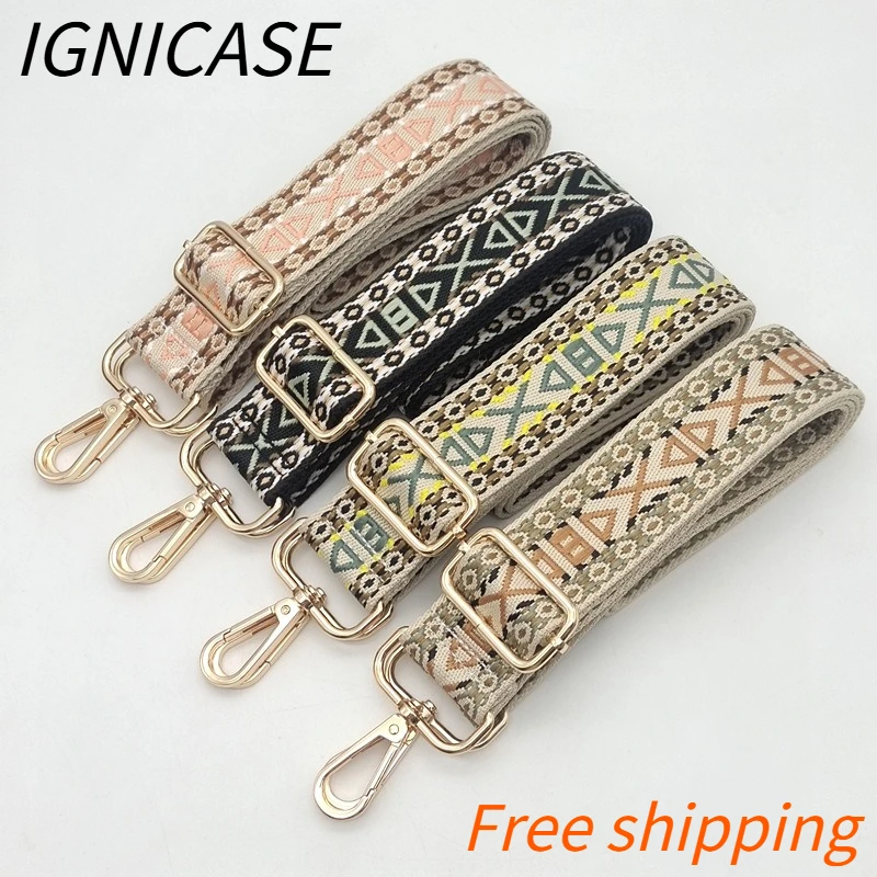 IGNICASE New Ethnic Style Adjustable Bag Strap Wide Crossbody Bag Replacement Strap Vintage Geometric Embroidery Bag Accessories