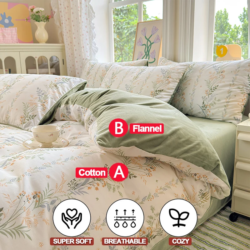 Bedding Set Duvet Cover Set: 1 Duvet Cover (Cotton A-Side, Flannel B-Side) + 2 Pillowcases - Double Comfort for Daily Use