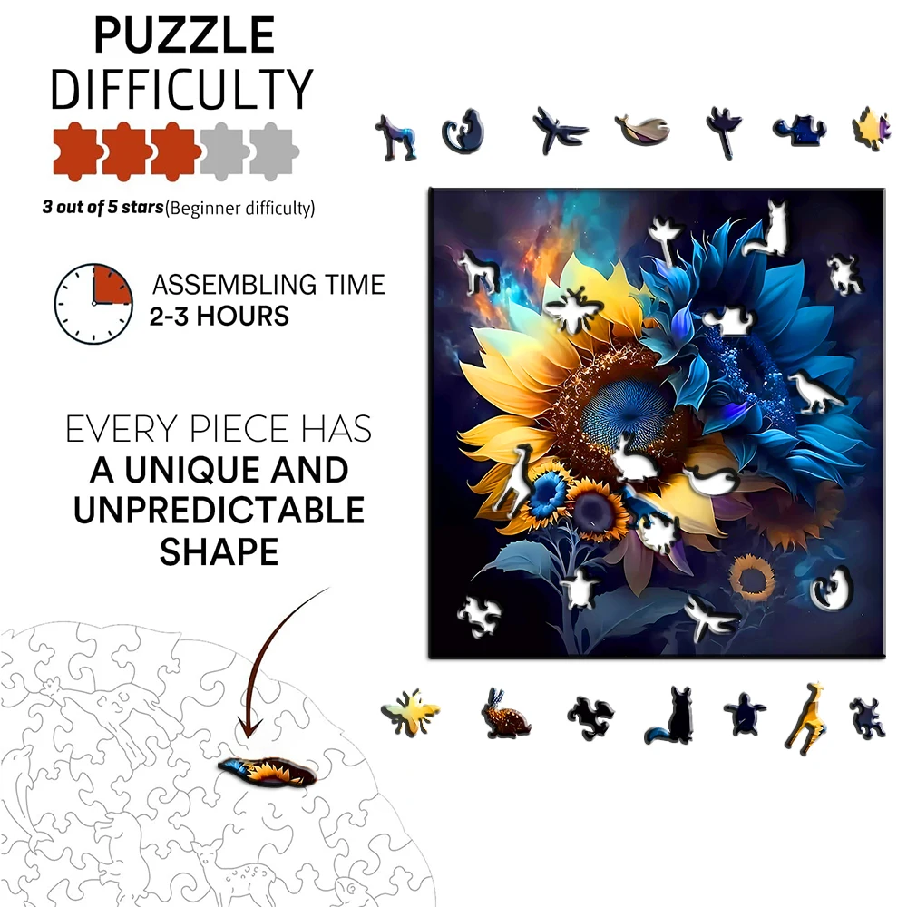 Quebra-cabeça de madeira de girassol - Distintivo - Presente criativo - Presente de aniversário - Jogo de festa - Quebra-cabeça decorativo