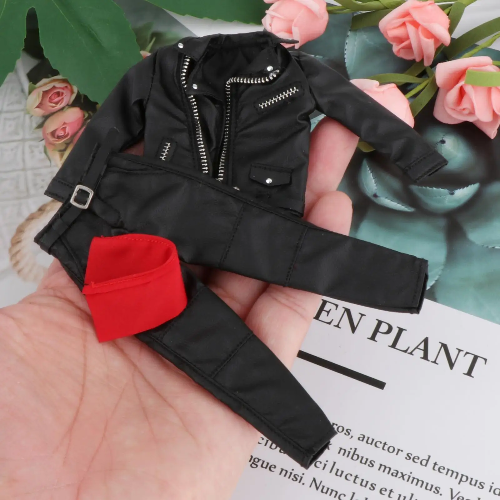 

1:12 Man PU Leather Jacket Set with Pants Belt Scarf Casual Fashion Full Suit