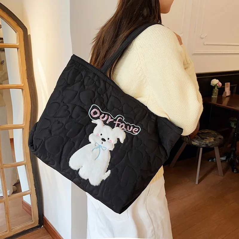 Cute Cartoon Puppy Shoulder Bags for Women Autumn Large Capacity Ladies Casual Tote Bag Heart Quilted Design Female Handbags
