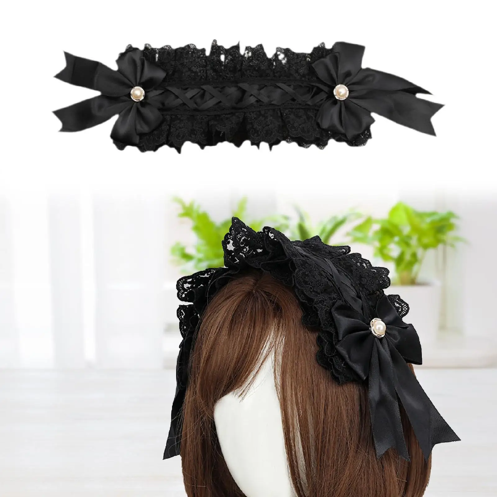 Lolita Ruffled Headband Sweet Girls Hair Accessory Black Lace Headdress Props Party Cosplay with Ribbon Bowknot Cute Anime Maid