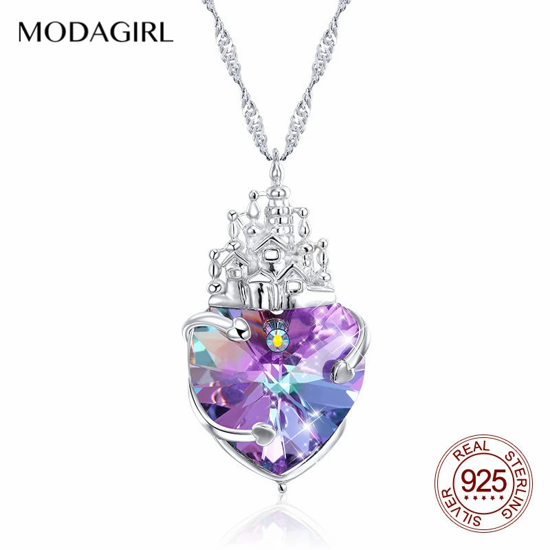 MODAGIRL Romantic 925 Silver Castle Victorian Purple Heart Crystal Pendant Necklace Prom Bridal Wedding Bridesmaids Jewelry