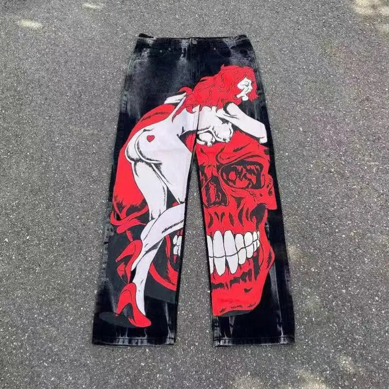 Y2K Baggy Jeans Men Harajuku Streetwear Vintage printing Oversized Hip Hop loose Jeans rock Gothic fashion  Trousers pants w675