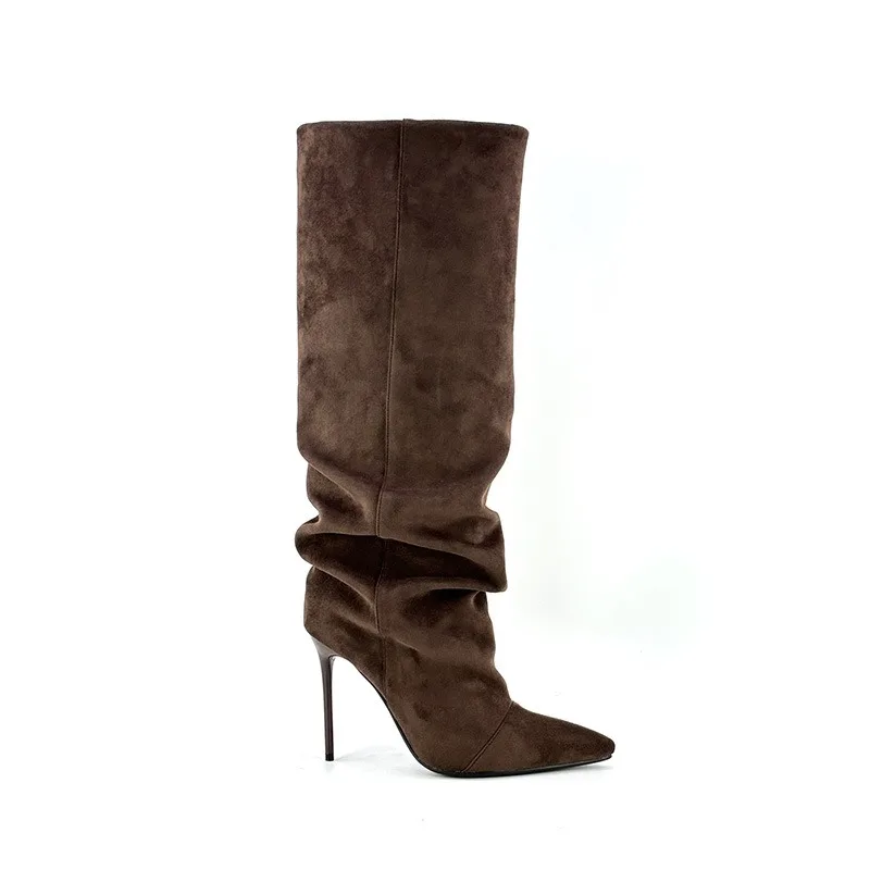 2025Nuevos tacones altos de primavera y otoño para mujer, botas hasta la rodilla, botas grandes de moda con cremallera lateral plegables de barril alto para mujer