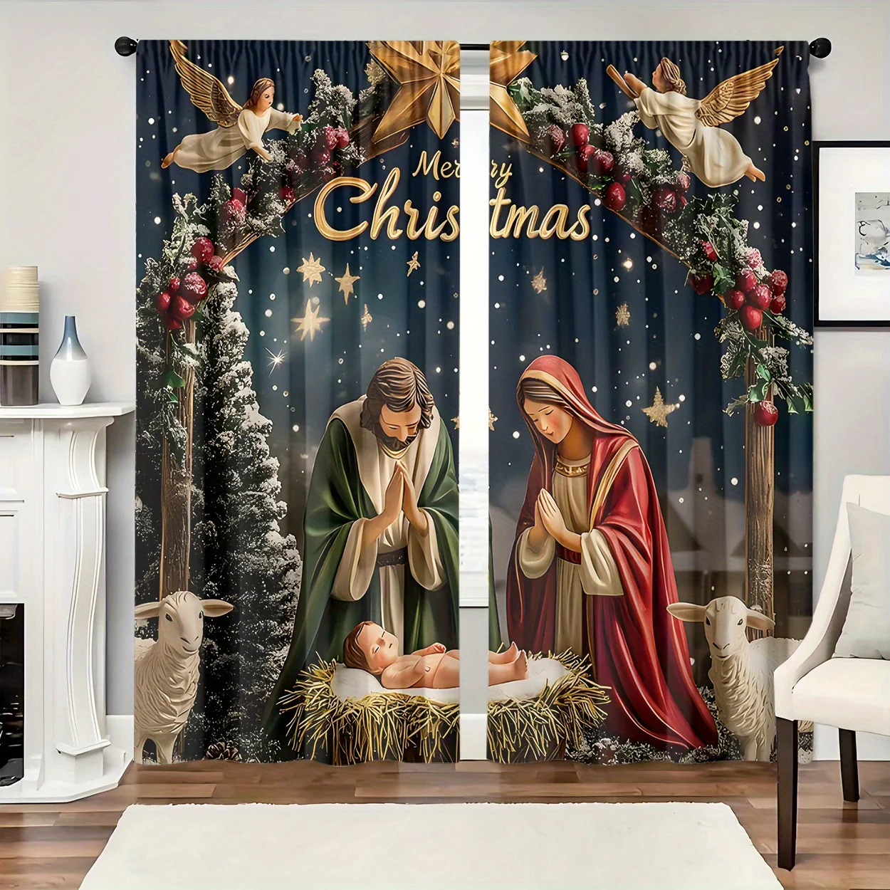 2pcs HD Digital Print Christmas Curtains, Light Filtering Rod Pocket Design for Bedroom Living Room Holiday Decor