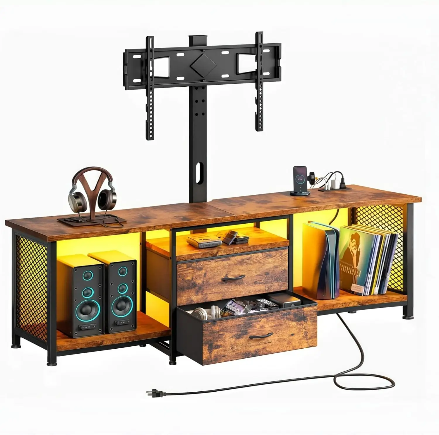 Swivel TV Stand Mount 50-65 Inch Brown 2 Drawers Shelves LED Lights Power Outlets Living Room, Customized