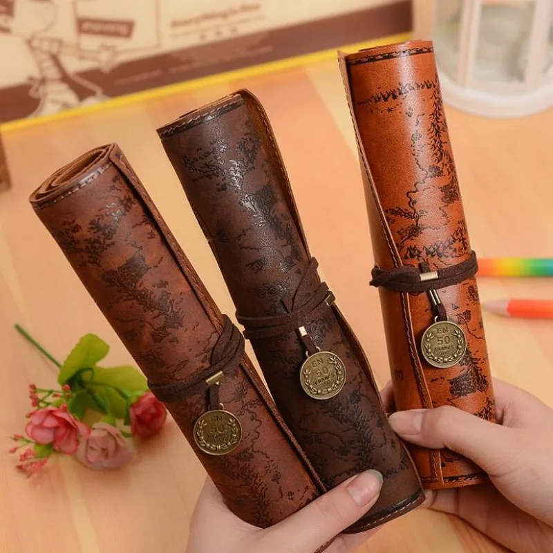 Treasure Map Leather PU Retro Boy Girl Pencil Bag Cosmetic Bag Roll Pen Bag For Student Gifts Stationery Brush Makeup Supplies