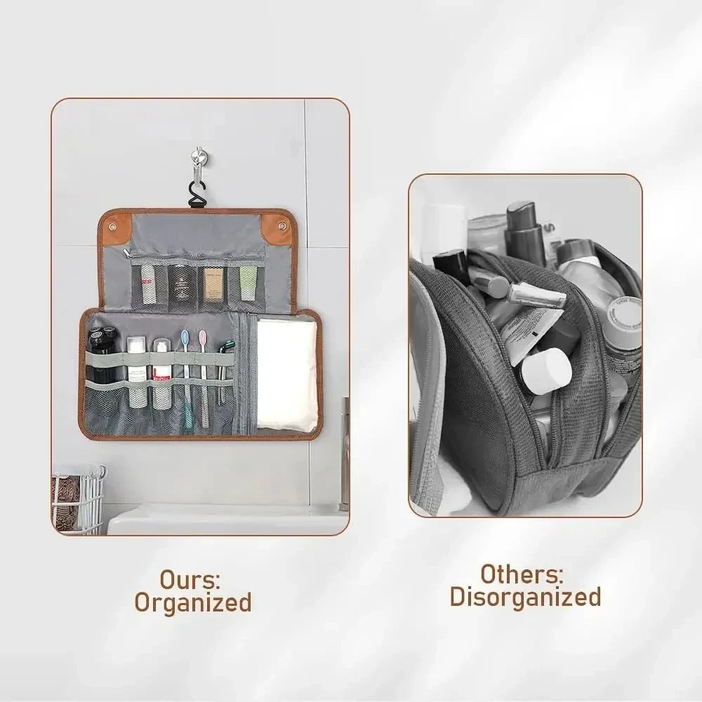 Tas Perlengkapan Mandi untuk Pria Tas Gantung Organizer Perjalanan Kamar Mandi Tahan Air Tas Kebersihan Kulit PU Tas Cukur Kit Dopp Gulung