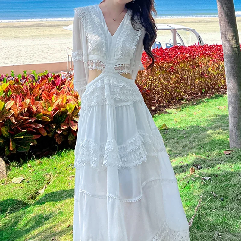 

White Elegant Dress Women Hollow Out V-NECK Sexy Party Vestido Summer Beach Flare Sleeve Vintage Dresses Bodycon Lace