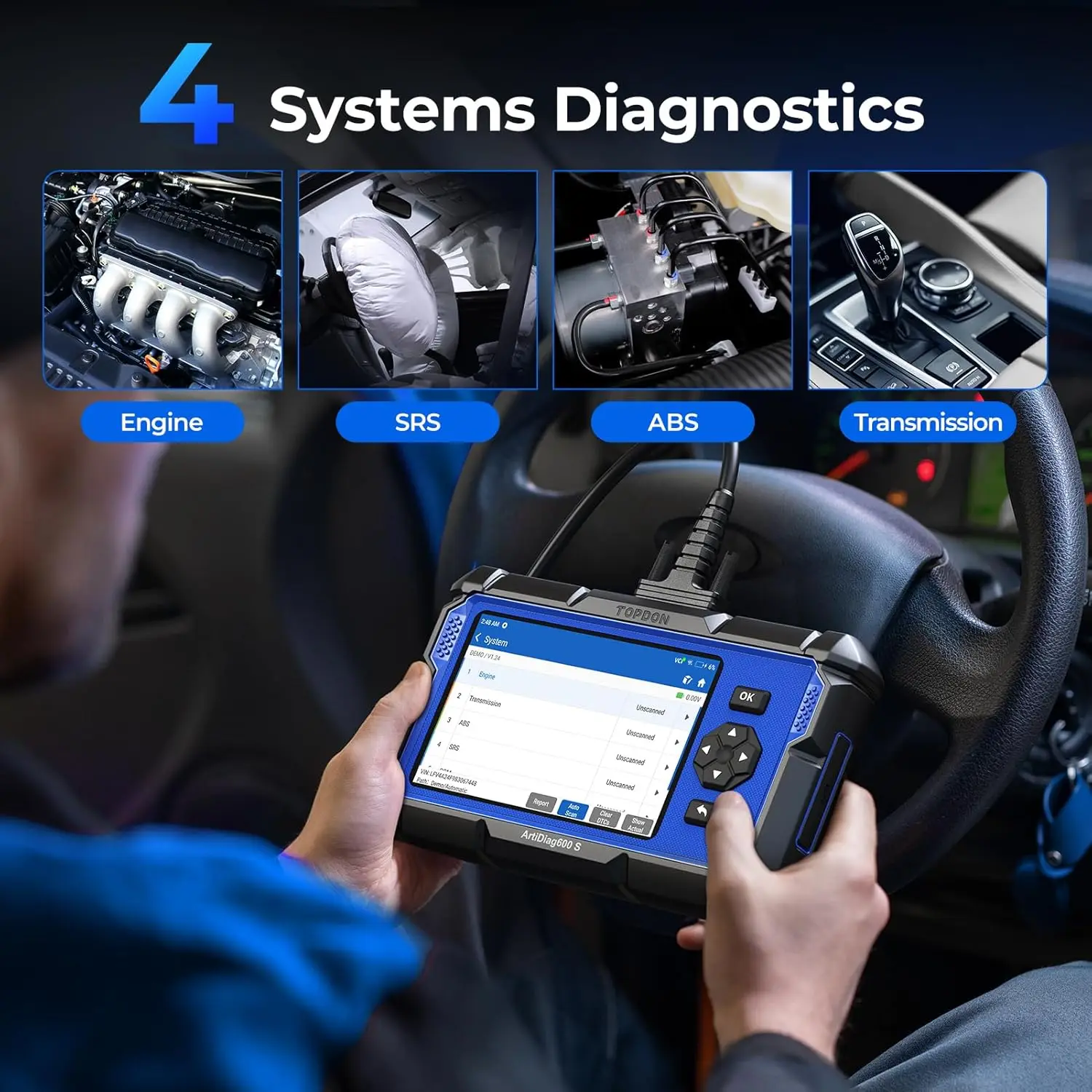 Topdon artidiag600s obd2 scanner 4 sistema ferramenta de diagnóstico do carro abs srs tpms motor 8 funções redefinição ferramenta diagnóstico atualização gratuita