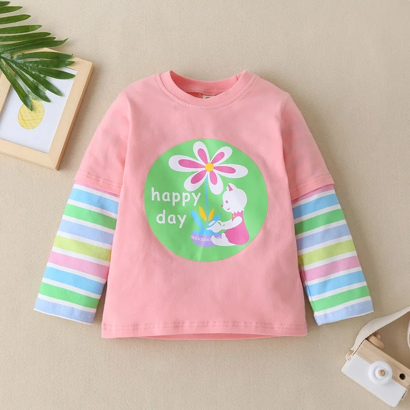 New Spring Autumn Toddler Girl Clothes Lovely Cartoon Animal Flower Patchwork Long Sleeve T-shirt Tops Casual Kids Clothes 1-6Y