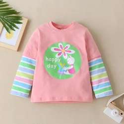 Nowe wiosenne jesienne ubrania dla maluchów urocze Patchwork w kwiaty zwierząt z długim rękawem t-shirt bluzki codzienne ubrania dla dzieci 1-6Y