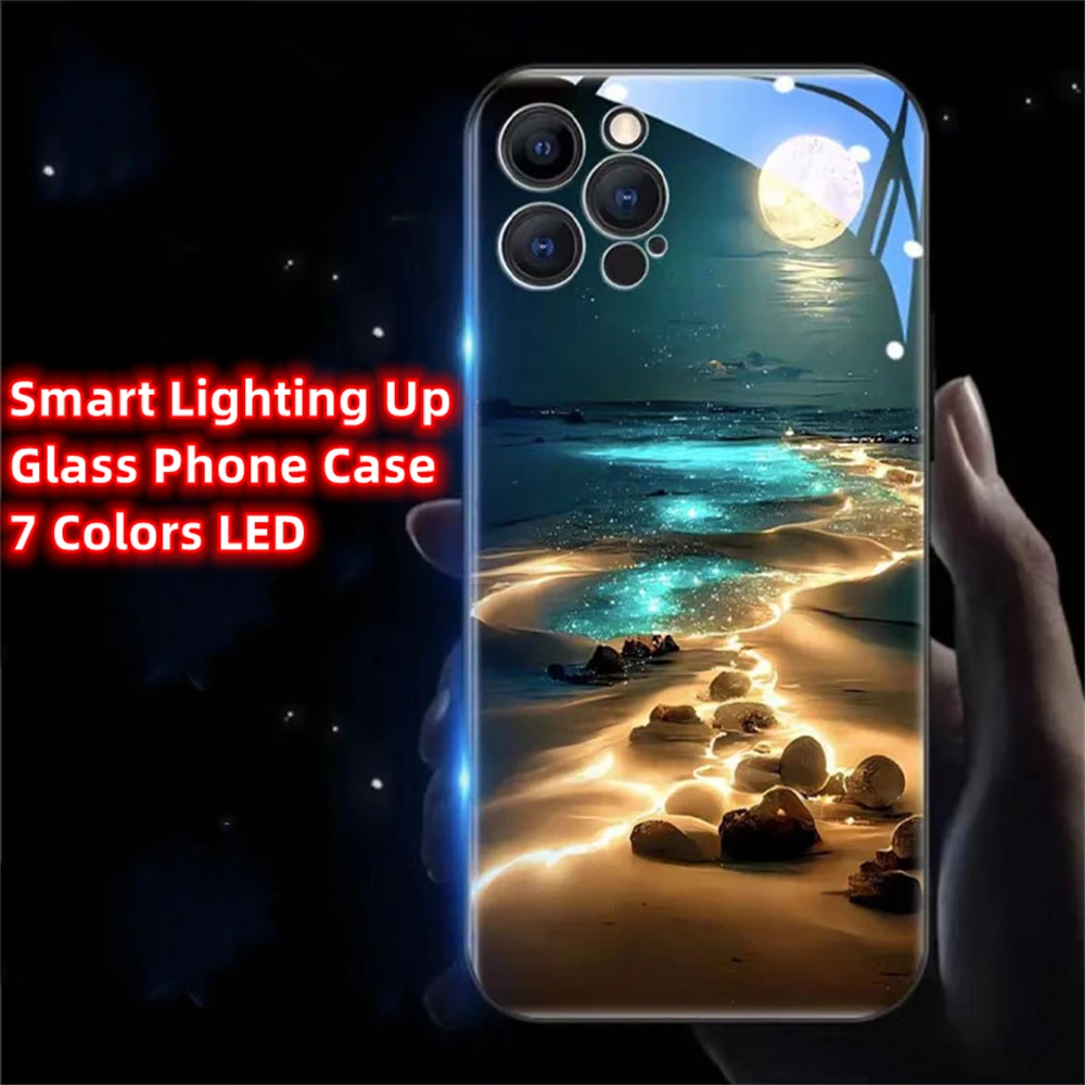 Pretty Moon Sea Beach Design Smart LED Light Glow Tempered Glass Phone Case For iPhone Air 17 16 15 14 13 12 11 Pro Max Plus