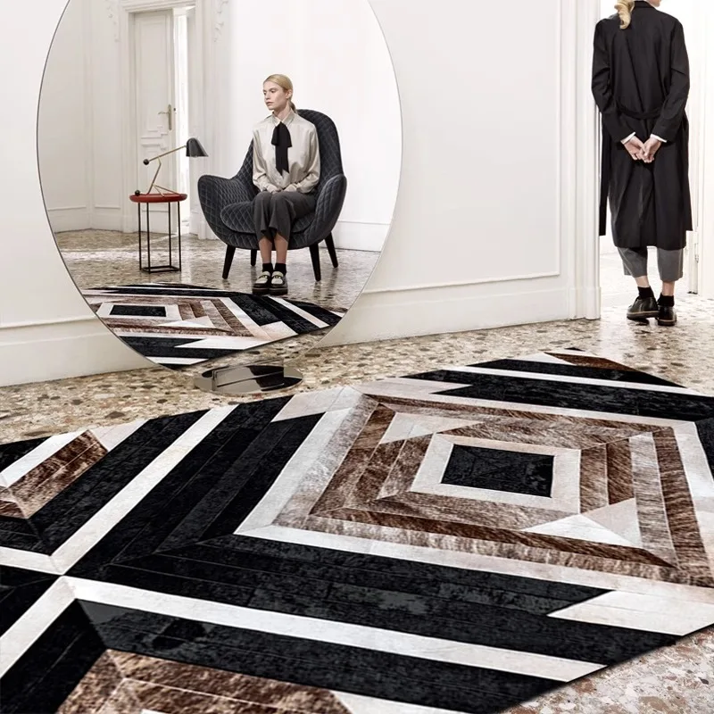 Minimalism Geometry Carpet Living Room 100% Natural Genuine Cowhide Leather Area Rugs Bedroom Customize Large Study Floor Mat