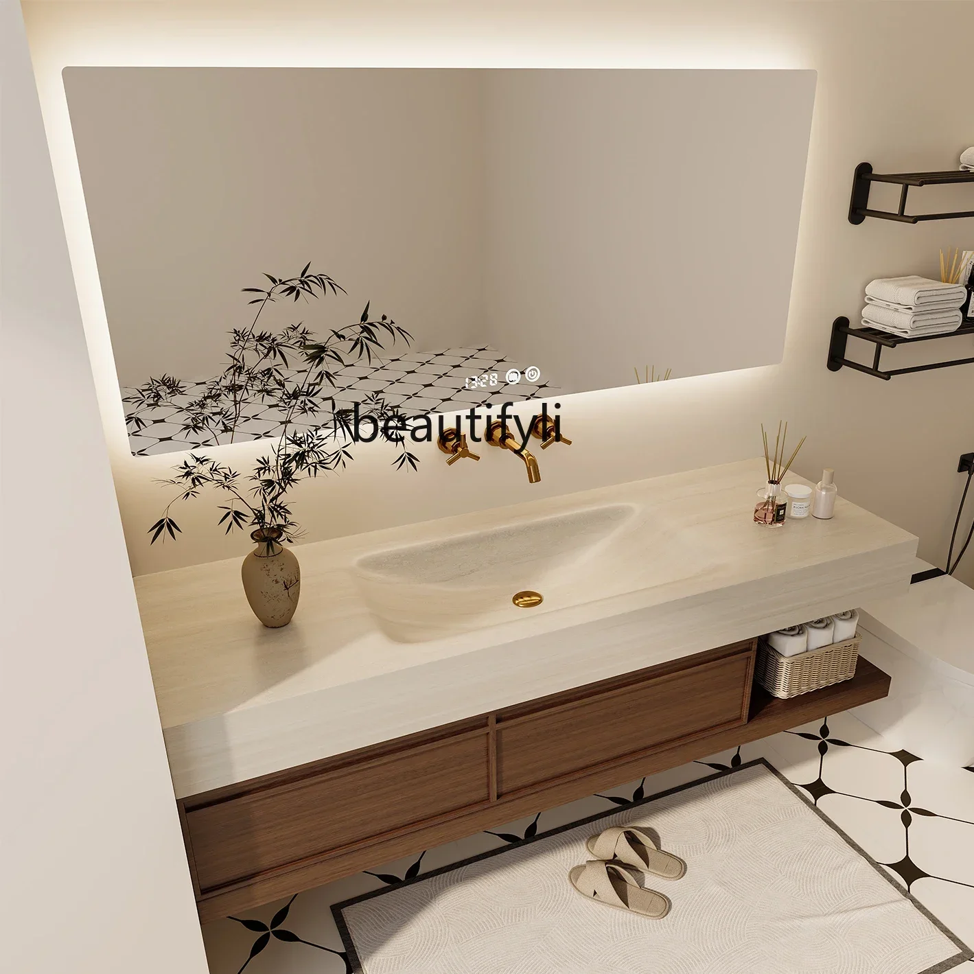 

Y13 Medieval travertine rock slab hot bending seamless integrated basin washbasin sink bathroom cabinet