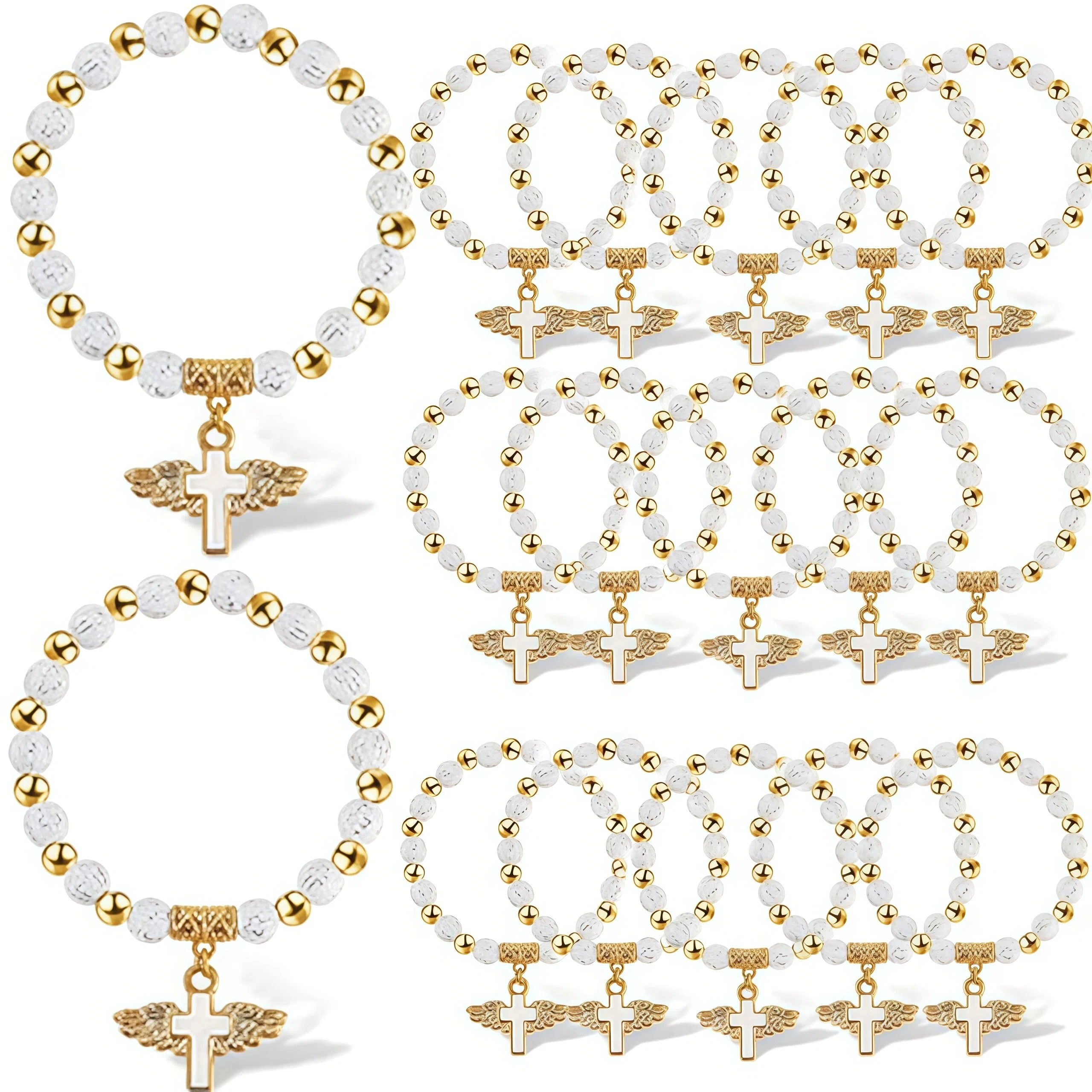 24 pulseras elásticas con colgante de cruz con cuentas, multifuncionales, para bautizo, primera comunión, cumpleaños, boda, regalo de aniversario
