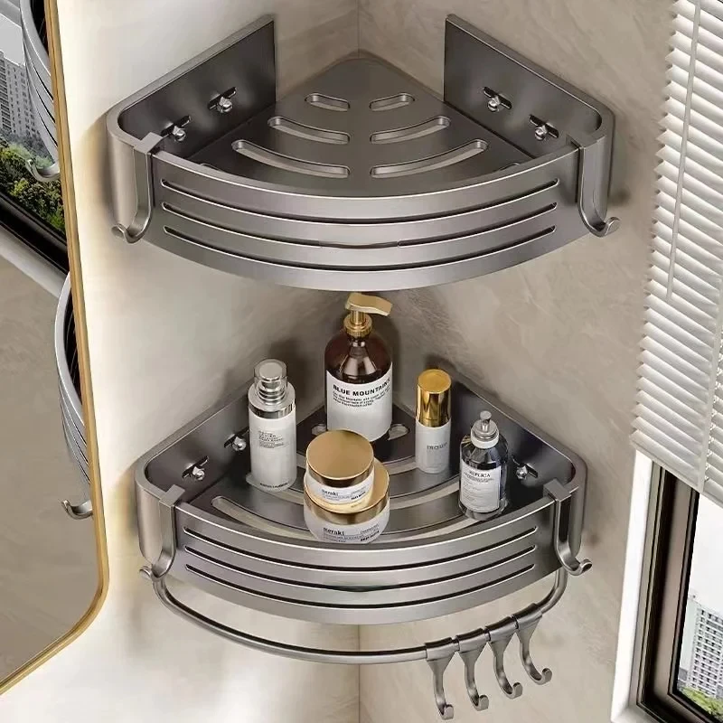 Bathroom Shower Corner Shelf with Towel Bar Hook Space Aluminum Shelf Without Drilling Shampoo Holder Bathroom Accessories Shelf