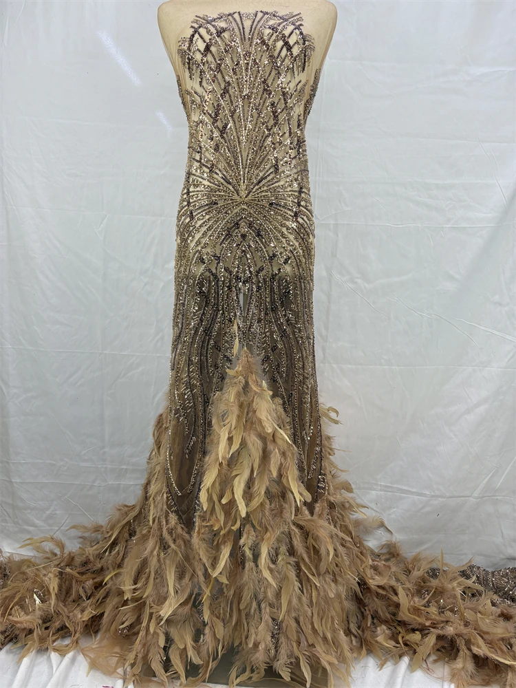African 3D Feather Sequin 2026 Latest Hot On Sale African French Party Lace Fabric Tulle Nigerian Beads Fabric For Wedding Dress