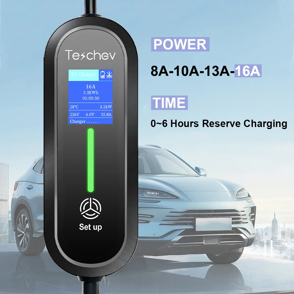 Teschev EV Portable Charger 3.5KW Type 2 Type 1 J1772 GBT Charger Cable 8A 10A 13A 16A Adjustable WallBox 3.5M Car Fast Charger