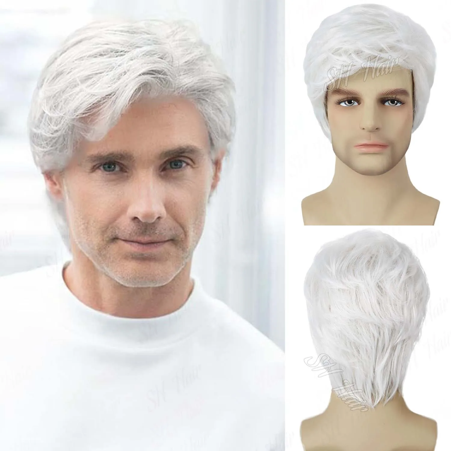 Synthetic Short White Wigs for Men Soft Layered Grandpa Wig for 100th Days of School Cosplay Male Wig Guy Daily Party Halloween