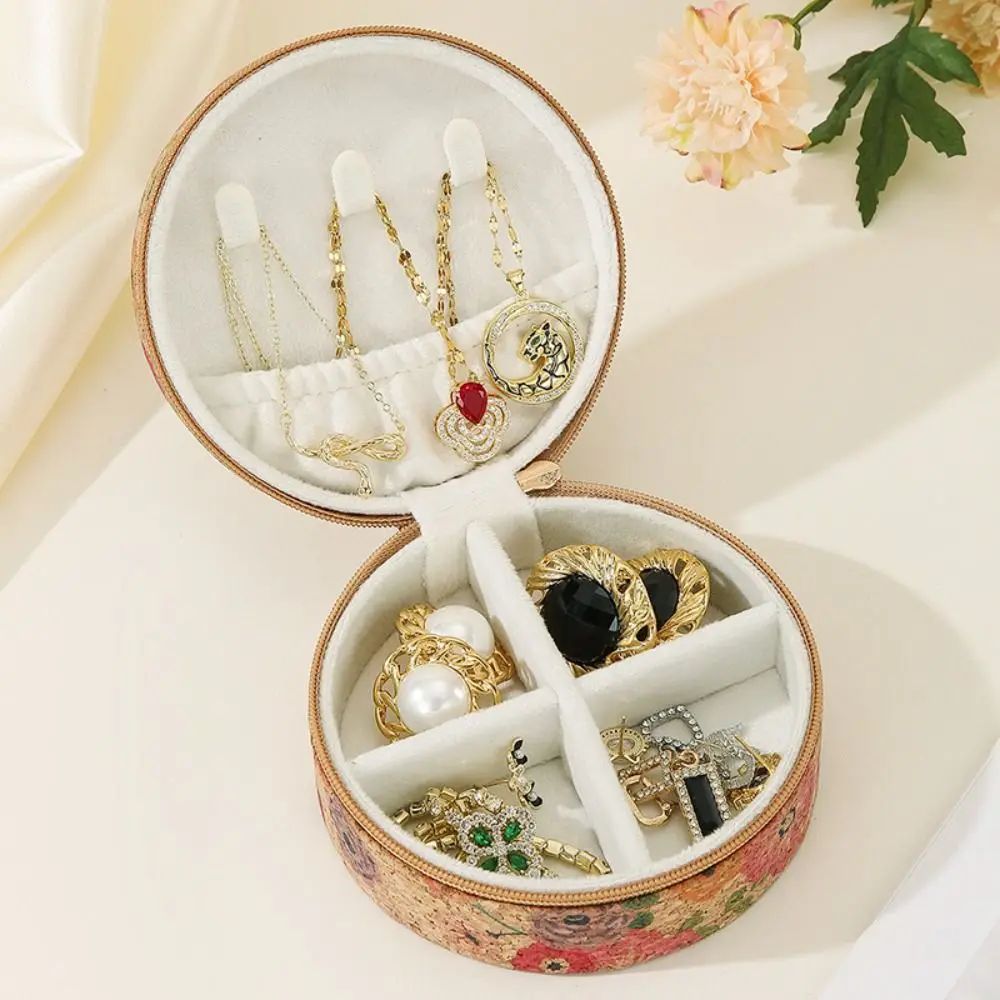 

Portable Vintage Jewelry Storage Box Bohemia Round Necklace Ring Case Zipper Portable Earring Organizer Display