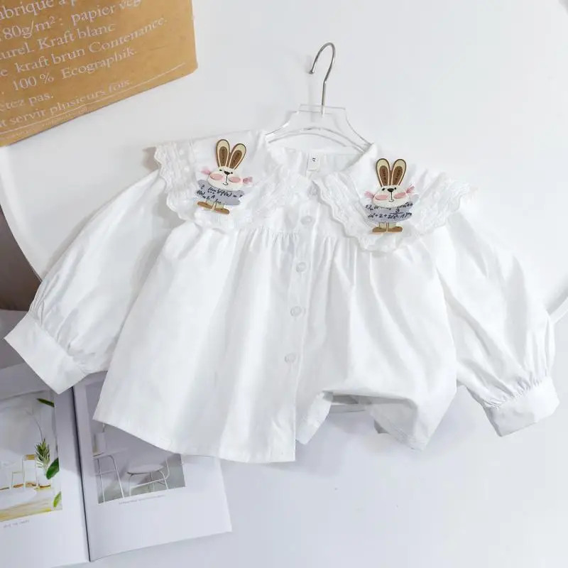 LYY-2024Spring New Children's Clothing Girls' Bunny Shirt Children's White Shirt Col Claudine Top Baby Doll Shirt