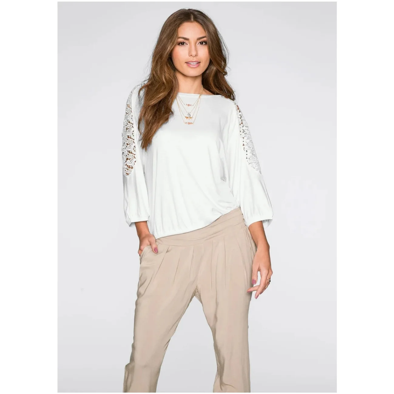 Women's Long Sleeve Blouse with Lace Detail - Women Loose White T Shirts Women Long Sleeve White Casual Loose Cotton Tops