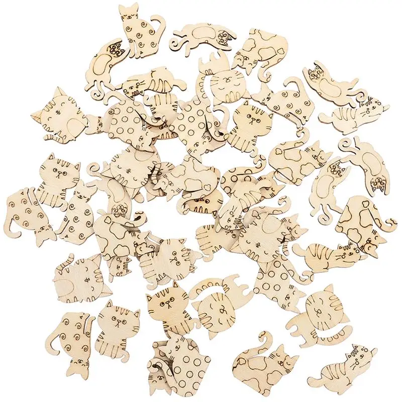 

100Pcs Wooden Cat Cutouts Unfinished Wood Slices Diy Craft Wooden Chips Kids Painting Toys Creative Diy Graffiti Chips Wood