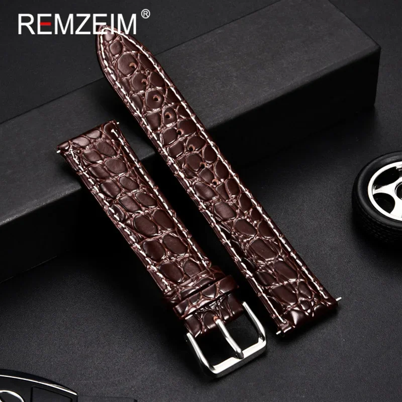 REMZEIM 18mm 20mm 22mm 24mm Crocodile Skin Calfskin Soft Material Watch Strap Leather Watchband Business Bracelet Wrist Band