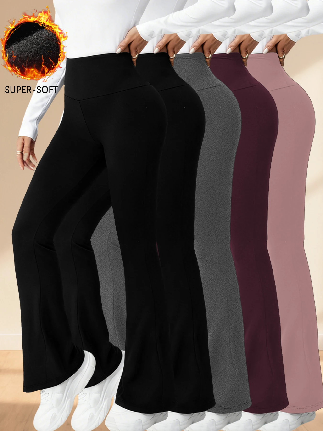 Paquete de 5 mallas acampanadas de cintura alta para mujer, pantalones súper suaves con control de barriga para ropa de yoga, ropa informal de ocio para el hogar