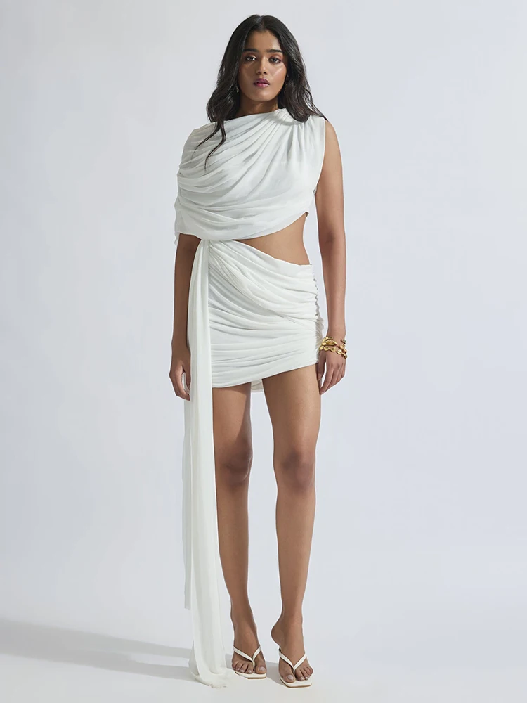 Y2k branco ruched um ombro recorte mini vestidos sem mangas malha vestido curto festa clube roupa estética drapeado 2026