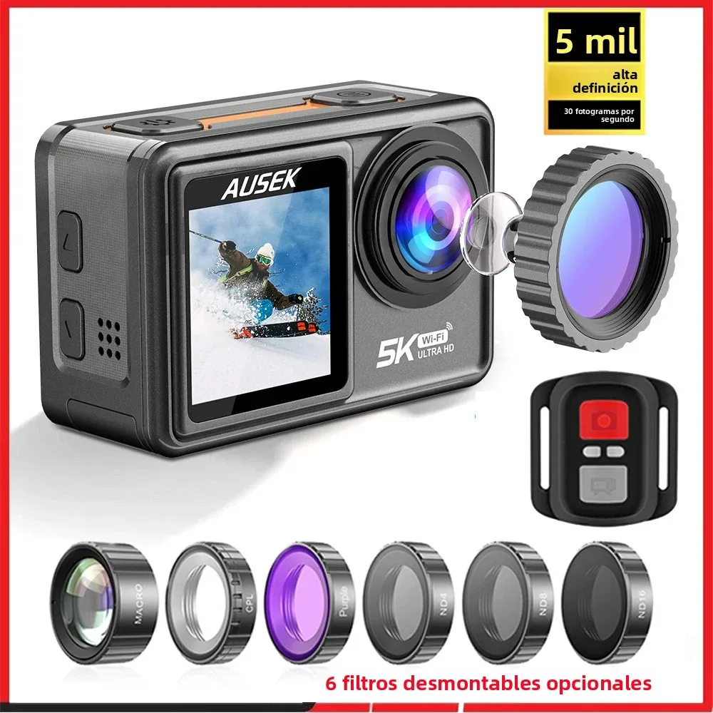 Cámara de Acción AUSEK M81TR 5K 4K60FPS 50MP DVR EIS con Filtros Opcionales, Zoom 5X, Pregrabación, Cámara Web 1080P, Vlog, Wi-Fi, Cámara Deportiva