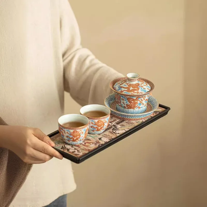 Gong Hong Dragon Pattern Three Cover Bowl Tea Set A Pot Two Cups Tea Tray Household Ceramic Kung Fu Tea Set Tea Infuser