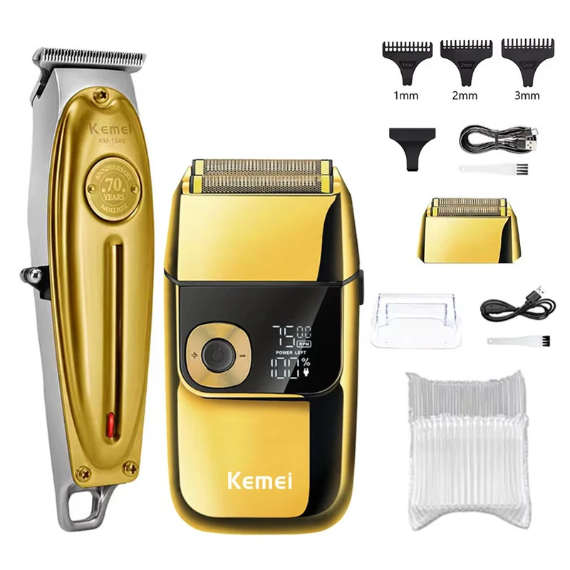 Kemei KM-1949 Goud of Zilver Volledig metalen elektrische tondeuse KM-2028 Oplaadbare scheerapparaat voor heren Professionele draadloze trimmer