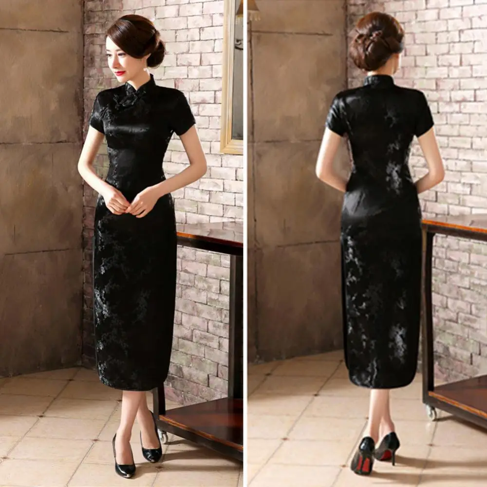 Traditional Chinese Women Long Cheongsam Bridesmaid Short Sleeve Evening Dress