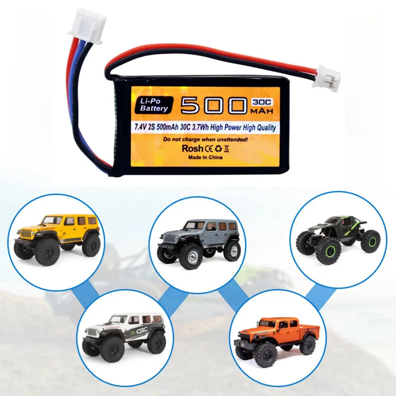 2 buah baterai Lipo 7.4V 500mAh 30C colokan PH2.0 untuk mobil RC AX24 SCX24RC, kompatibel dengan sebagian besar mobil RC rasio 1/10, 1/16, 1/18, dan 1/24