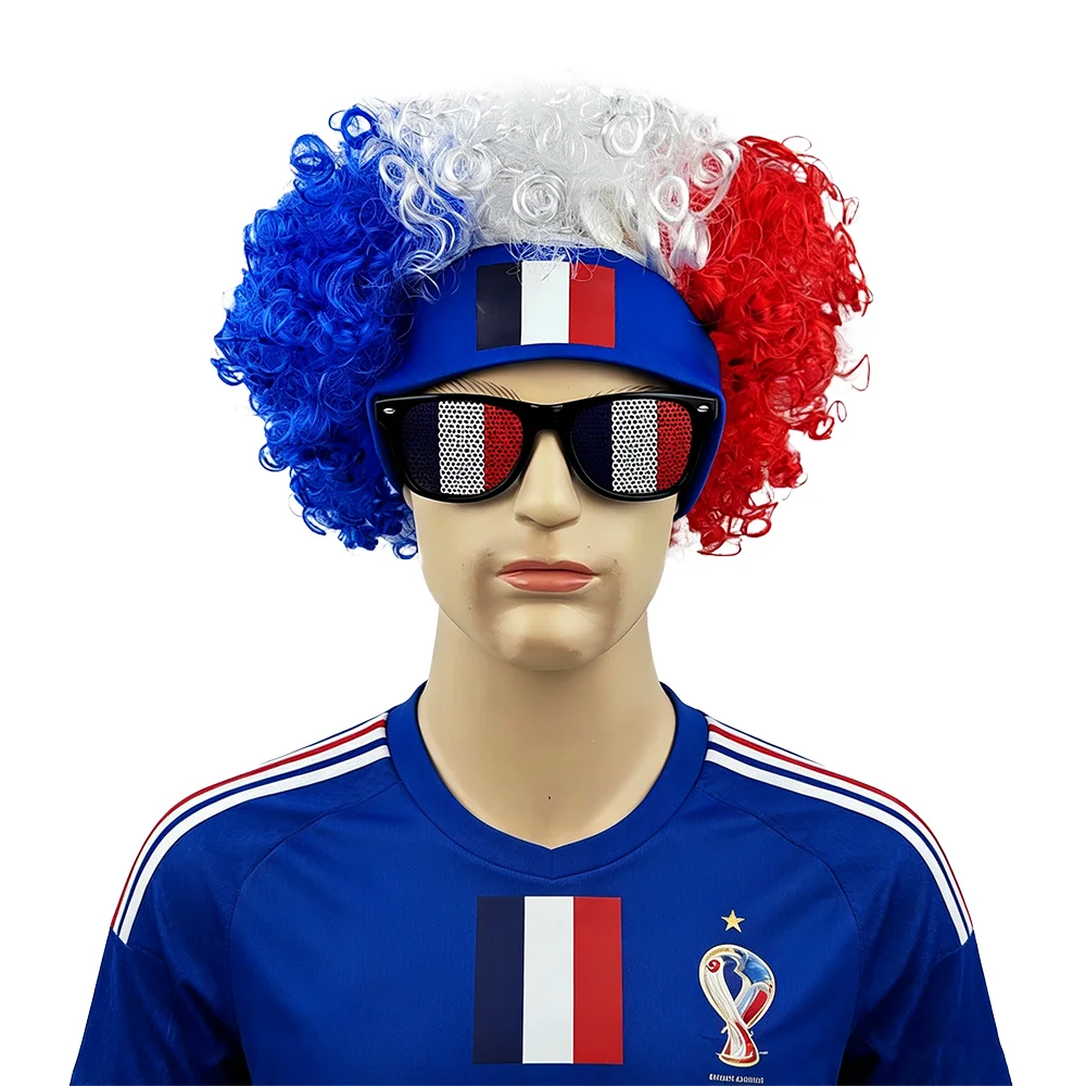 

France Flag Afro Wig + Sunglasses Set - Unisex French Football Fan Costume for Soccer Game Party Cheer Prop |